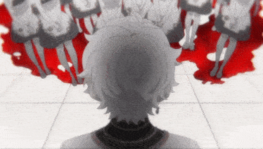 a man is standing in front of a crowd of people with blood on the floor
