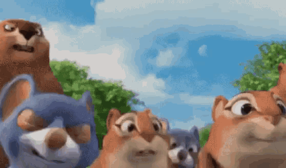 a group of cartoon animals are standing next to each other looking up at the sky .