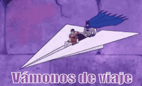 a cartoon of superman and batman riding a paper airplane .