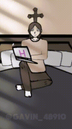 a cartoon of a person sitting on a bed with a laptop and a cross on their head