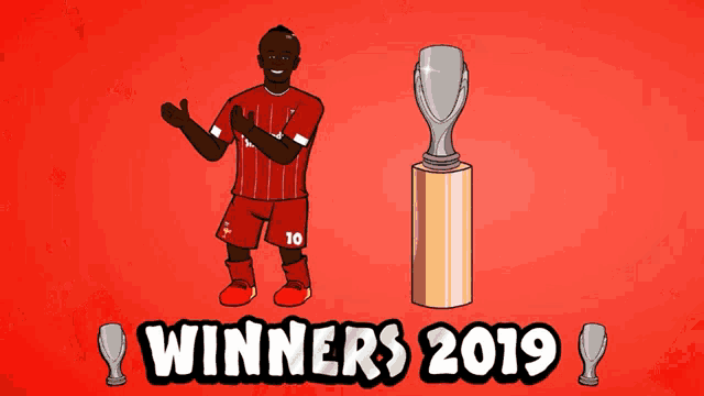 a cartoon of a soccer player and a trophy with the words winners 2019 on the bottom