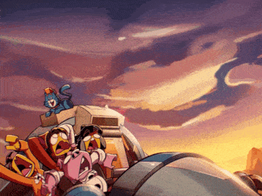 a cartoon drawing of a cat sitting on top of a vehicle