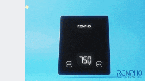 a black renpho scale displays the weight of 750 grams