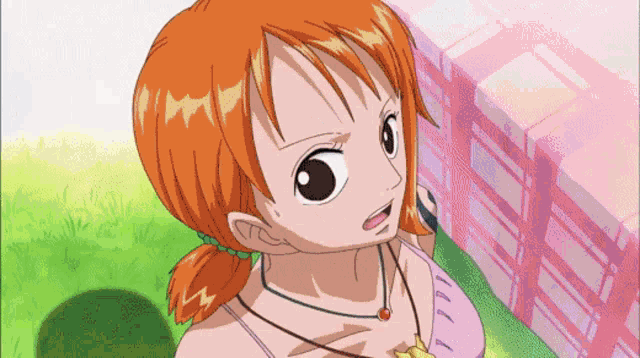 a girl with orange hair is wearing a necklace and bra