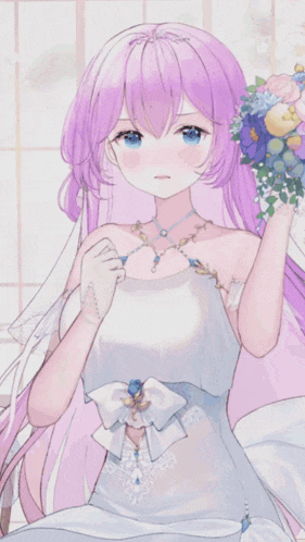 a girl with purple hair and blue eyes is wearing a white dress and holding a bouquet of flowers