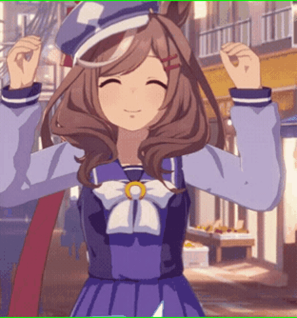 a girl with brown hair is wearing a blue uniform and a hat