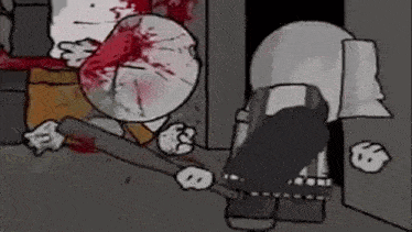 a cartoon of a man with blood on his face holding a hammer .