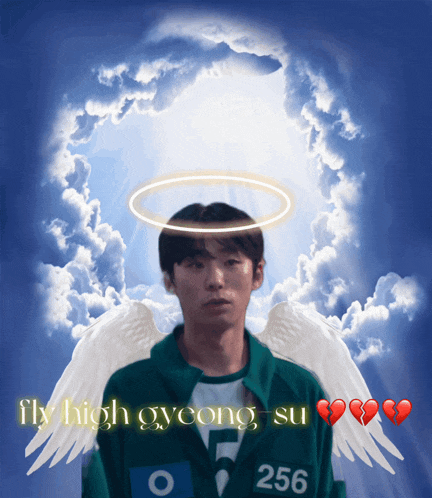 a man with angel wings and the words fly high gyeong su below him