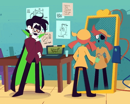 a cartoon drawing of a man in a green cape looking at his reflection