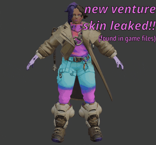 a 3d model of a woman with purple hair and the words new venture skin leaked