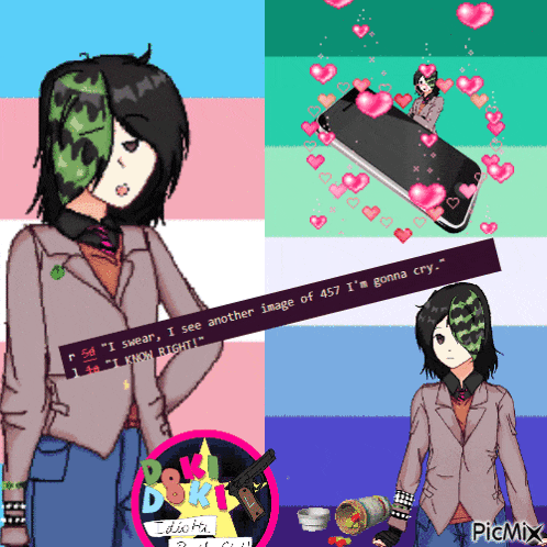 a pixel art of a girl with the words i swear i see another image of 457 im gonna cry