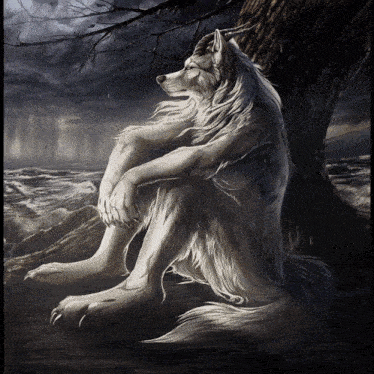 a painting of a wolf sitting under a tree with a stormy sky in the background