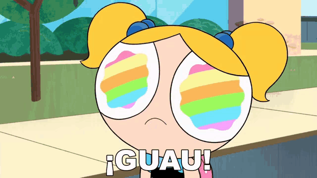 bubbles from the powerpuff girls is wearing rainbow colored glasses