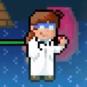 a pixel art drawing of a woman in a lab coat and goggles