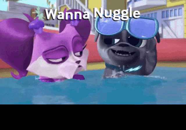 a cartoon cat and a dog in a pool with the words wanna nuggle above them