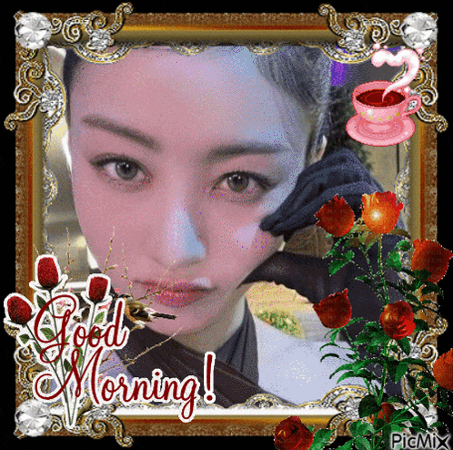 a picture of a woman in a frame with the words good morning on it