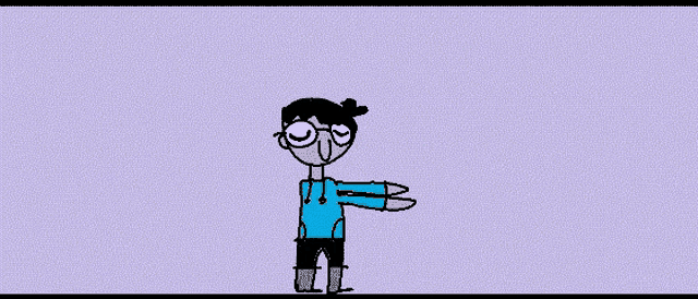 a cartoon of a boy wearing glasses and a blue hoodie standing on a purple background .