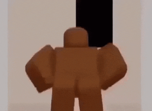 a brown roblox character is standing in front of a white wall with a black square behind him .
