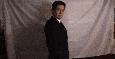 a man in a suit and tie is standing in front of a white sheet .