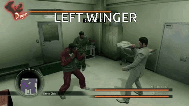 a video game screen shows two men fighting and the words left winger on the bottom