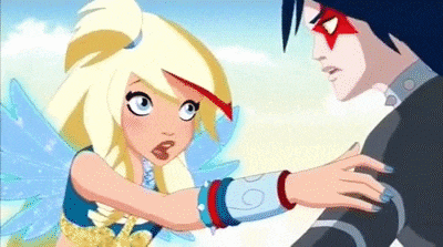 a cartoon girl is holding a man 's hand in a scene from a cartoon .