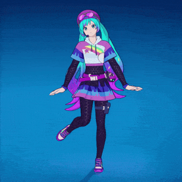 a girl with green hair is wearing a hoodie and purple skirt