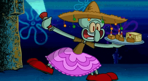 squidward from spongebob squarepants is holding a flashlight and a tray of cakes