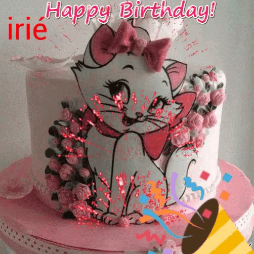 a birthday cake with a cat on it and the words happy birthday on it
