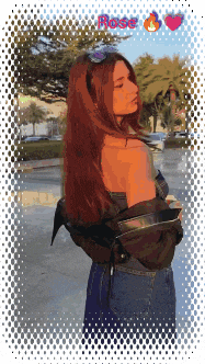 a pixel art of a woman with the word rose on the bottom right