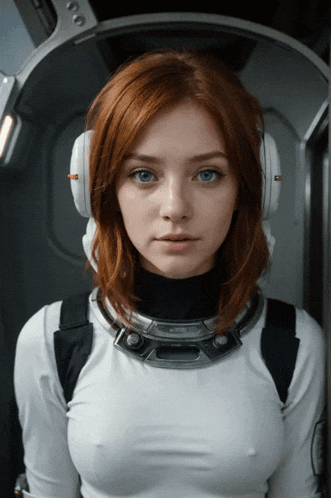 a woman with red hair and blue eyes wearing headphones and a helmet