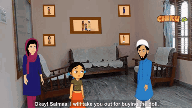 a cartoon of a man talking to a girl in a living room with the words " okay salmaa "