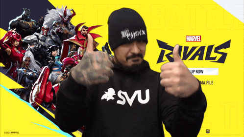 a man is giving a thumbs up in front of a marvel rivals poster