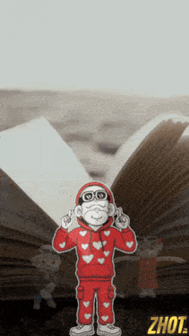 a cartoon character wearing headphones and a red hoodie with hearts on it stands in front of an open book