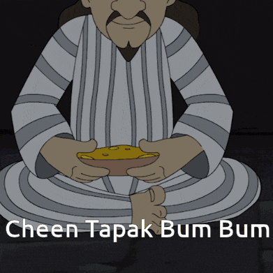 a cartoon of a man holding a bowl of food with the words cheen tapak bum bum underneath him