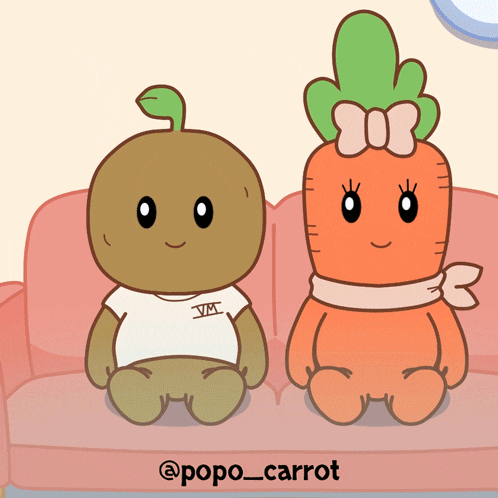 a cartoon of two carrots sitting on a couch