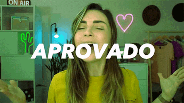 a woman with her eyes closed and the word aprovado written in front of her