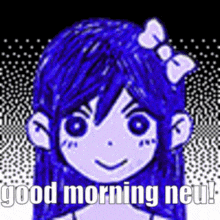a cartoon girl with blue hair and a bow on her head is smiling and says `` good morning new ! ''