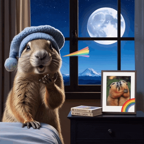 a squirrel wearing a hat and a box of vibes cards looks out a window