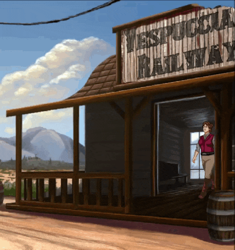 a woman is standing in front of a building that says vespuccia railroad