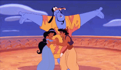 a cartoon of aladdin and jasmine dancing with the genie