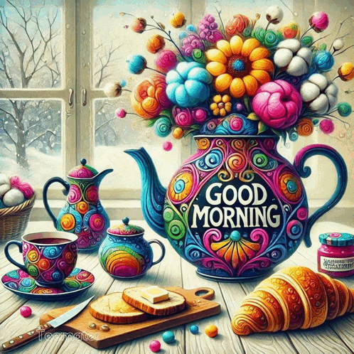 a colorful teapot says good morning on it