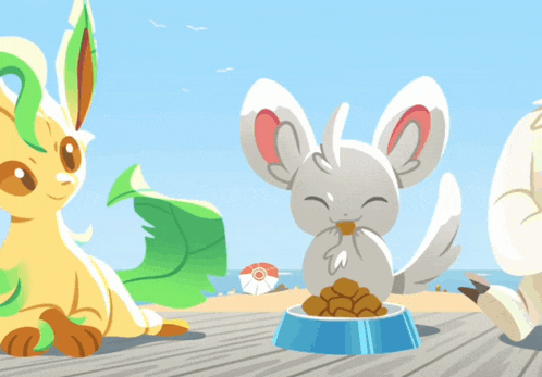 a cartoon drawing of a group of pokemon eating food