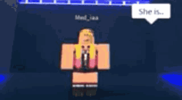 a cartoon character is standing on a stage with a speech bubble saying she is .