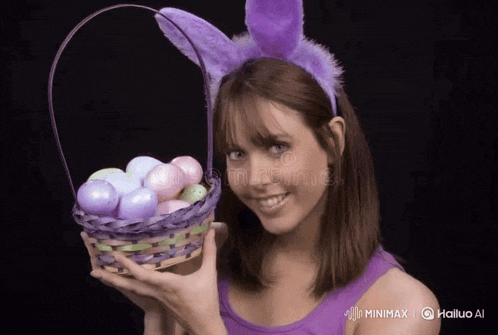 a woman is wearing bunny ears and holding a basket of easter eggs