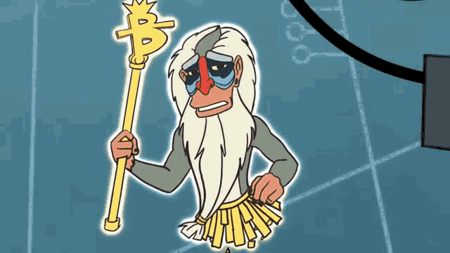 a cartoon drawing of a monkey with a beard holding a cane with a dollar sign on it