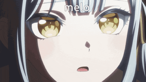 a close up of a girl 's face with the word melo written on it