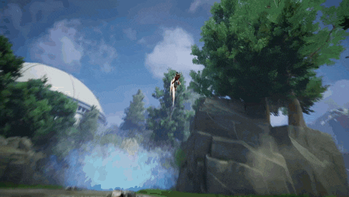 a person is flying through the air near a tree in a video game