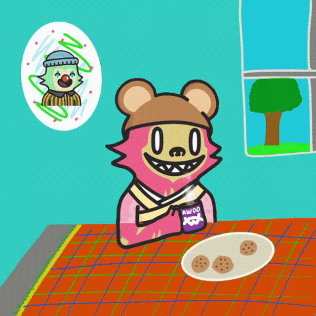 a cartoon drawing of a bear sitting at a table with a plate of cookies and a bag of awdo chips