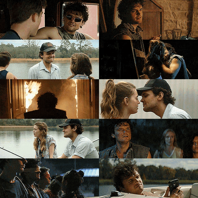 a collage of images shows a man and woman kissing