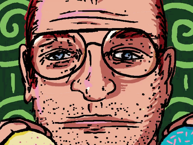 a cartoon of a man with glasses holding a donut with sprinkles